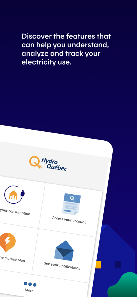 Hydro-Québec - Hydro-Quebec mobile app dashboard showing electricity consumption and outage tracking icons