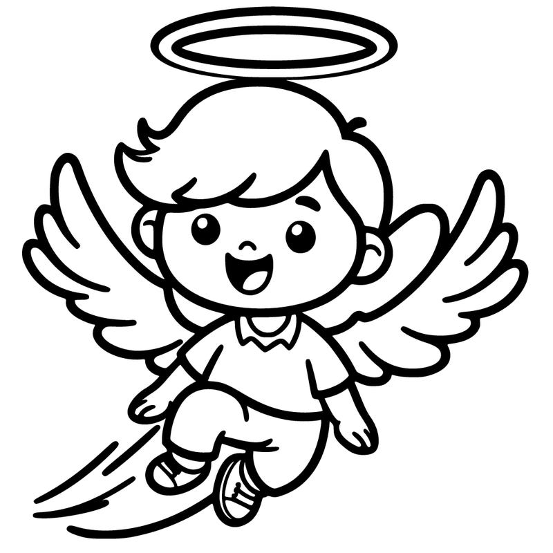flying boy in midair with wings with halo above hood head