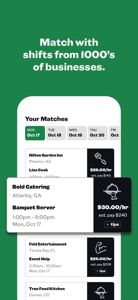 Qwick for Professionals - Interface of the Qwick app displaying available hospitality shifts like line cook and banquet server with their hourly pay rates.
