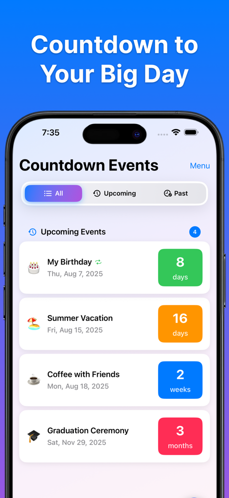 Countdown Widget • - Una interfaz de aplicación móvil que muestra una lista de eventos de cuenta regresiva que incluyen un cumpleaños y unas vacaciones de verano.