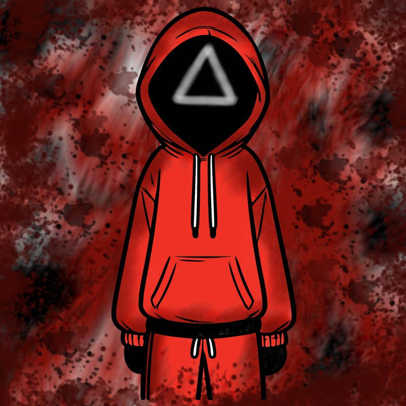 faceless girl in a tracksuit with a hood on and no hair