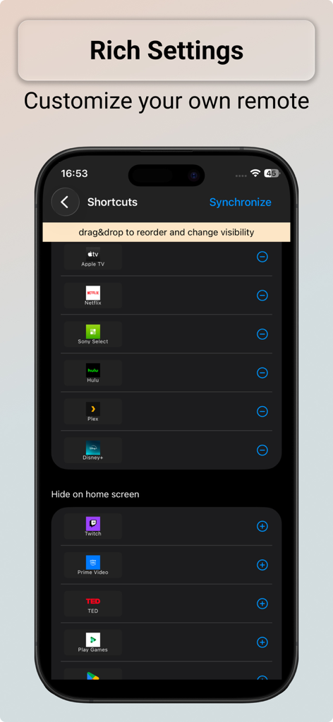 Interface showing how to customize and reorder app shortcuts in the Bravia Controller app