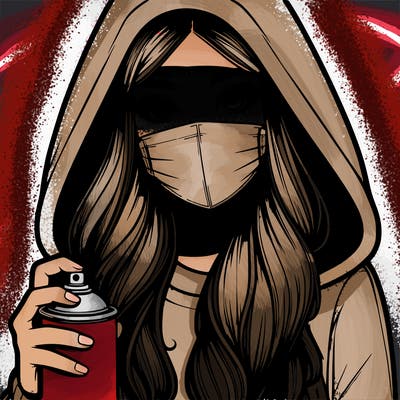 girl wearing a mask with long hair with her hood up spray-painting realistic