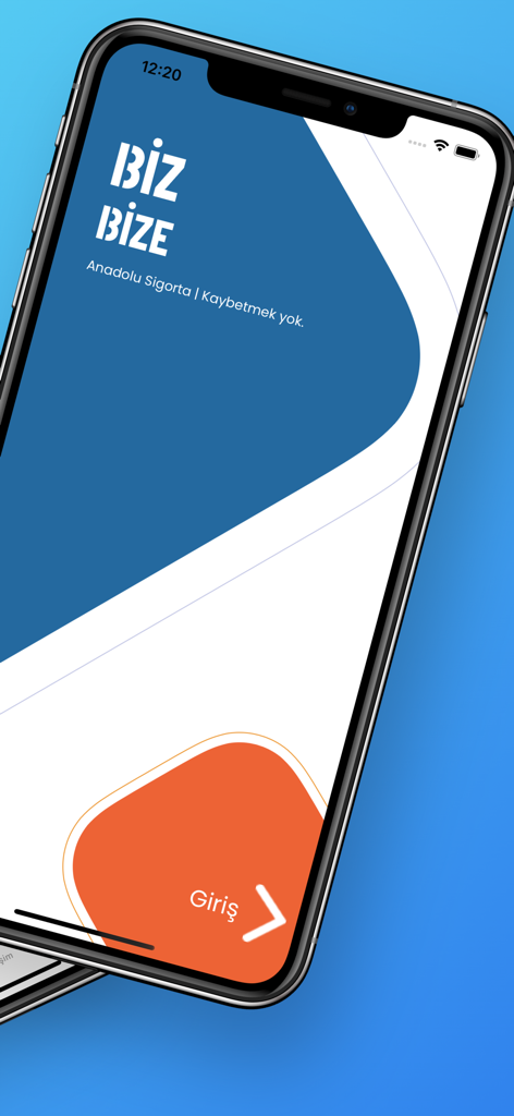 The landing screen of the Biz Bize mobile app by Anadolu Sigorta featuring a login button