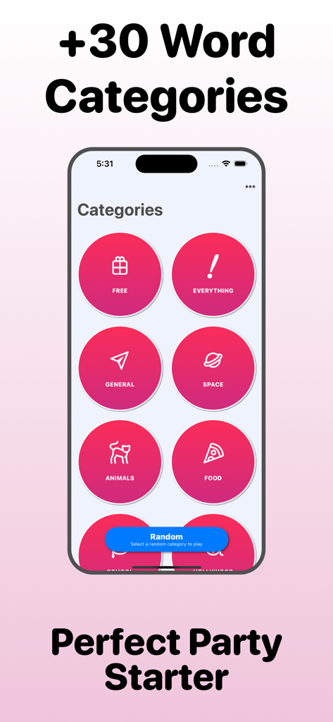 Off Limits Word Guessing Party - Interfaz de la aplicación Off Limits que muestra varias categorías de palabras, incluidos Animales Comida y Espacio para juegos de adivinanzas sociales