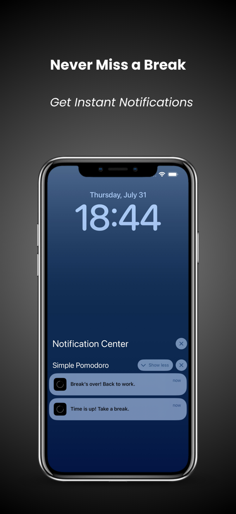 作業と休憩のリマインダーに関するSimple Pomodoroアプリからのスマート通知を表示するiPhoneのロック画面