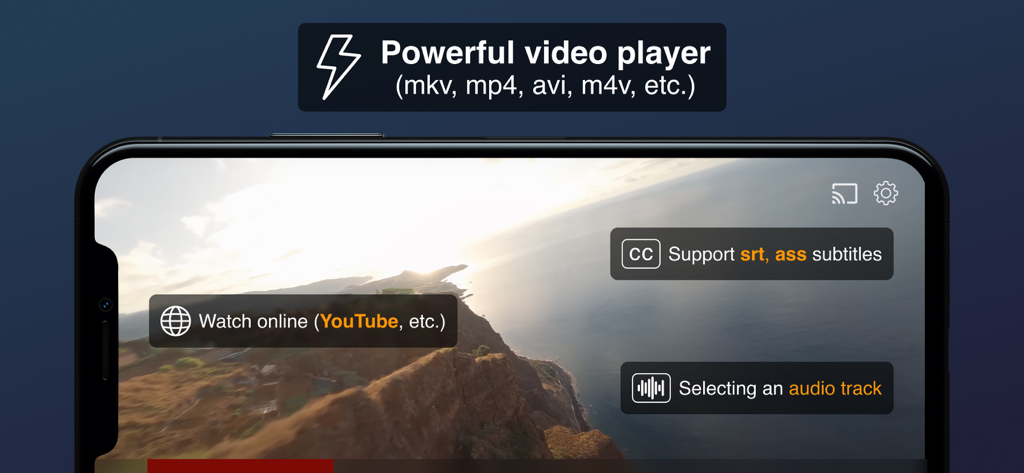 Liquid Player: Save Video - Liquid Player app interface showcasing subtitle support and audio track selection for various video formats