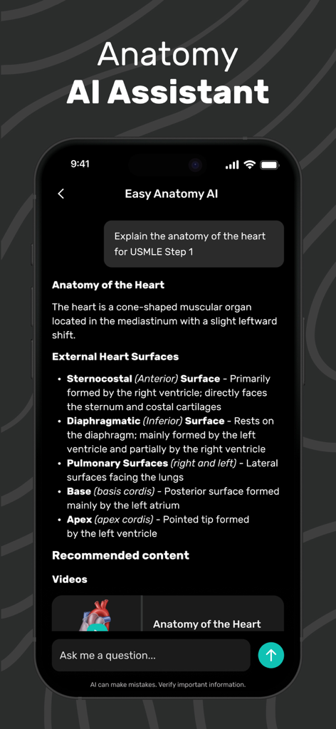 Interface of the Easy Anatomy 3D app showing the AI Assistant providing a detailed heart anatomy explanation for USMLE preparation.