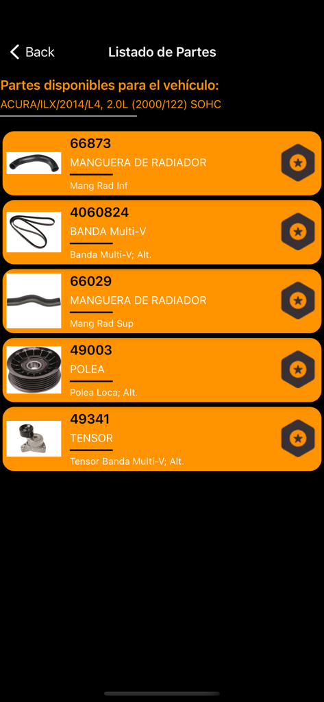 App-Bildschirm mit einer Liste von Continental-Automobilteilen für einen Acura ILX von 2014, einschließlich Kühlerschläuche und Riemen