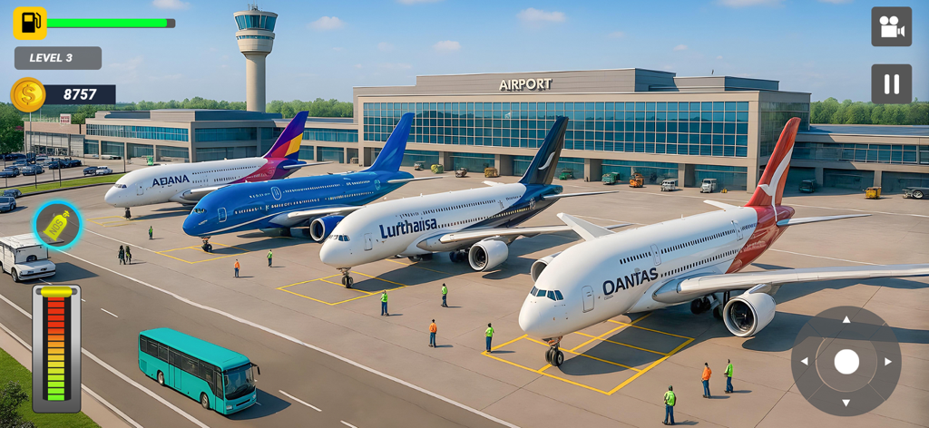 Airplane Game Flight Simulator - Diversi aerei commerciali parcheggiati a un gate dell'aeroporto in un gioco simulatore di volo.