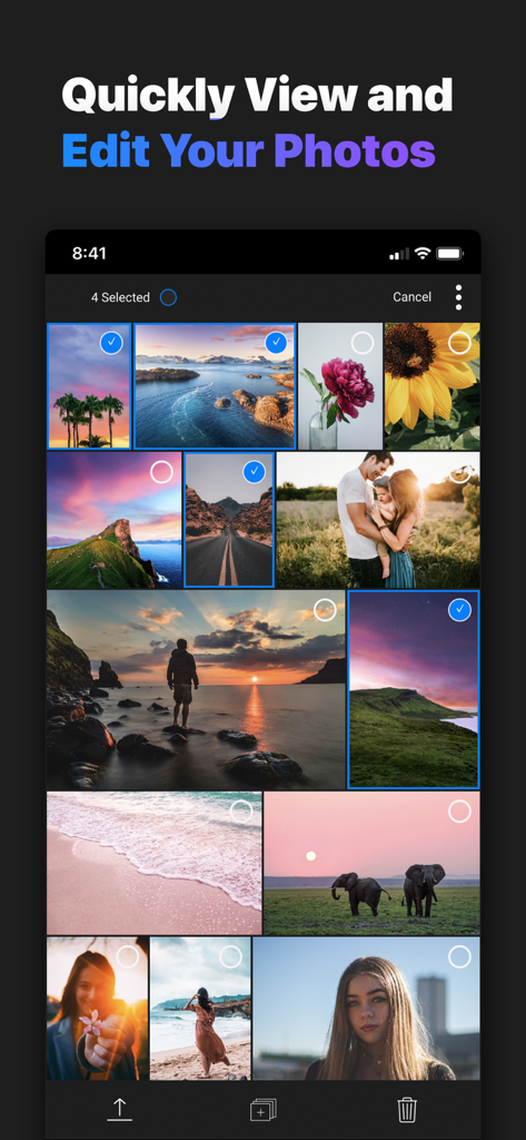 Gallery view of the ON1 Photo RAW mobile app showing a collection of professional landscape and portrait photos.