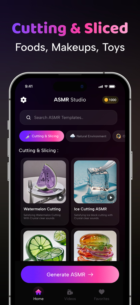 AI ASMR Video Generator: Relax - Mobile app interface of ASMR Studio featuring satisfying AI-generated cutting and slicing video templates for food and objects.