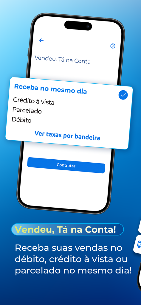 비즈니스 판매에 대한 당일 지급 옵션을 보여주는 Cielo Gestao 앱 인터페이스