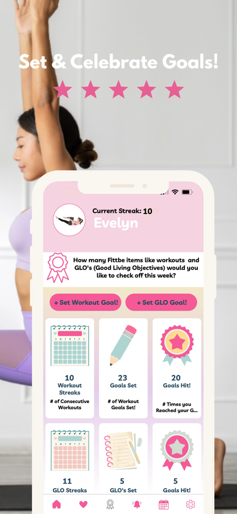 Barre Workouts by Fittbe - Interface of the Fittbe Barre app displaying workout streaks and fitness goal tracking metrics