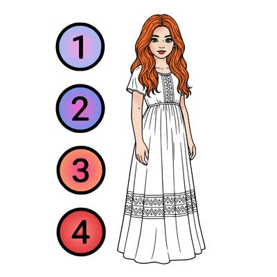 a girl with a bunch of circles on the side of the drawing next to her with numbers 1 2 3 and 4 and no background tall realistic girl