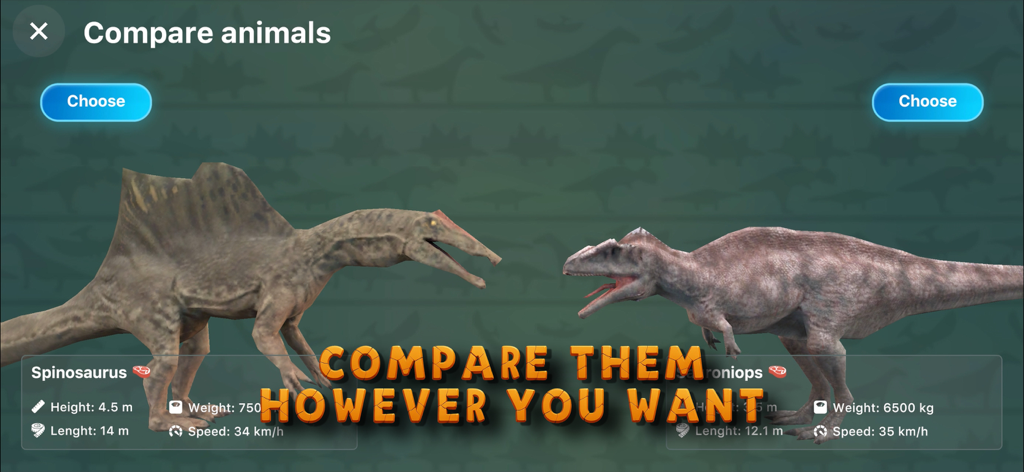 3D Dinopedia: Paleontology - A comparison screen between Spinosaurus and Giganotosaurus showing their height weight length and speed statistics