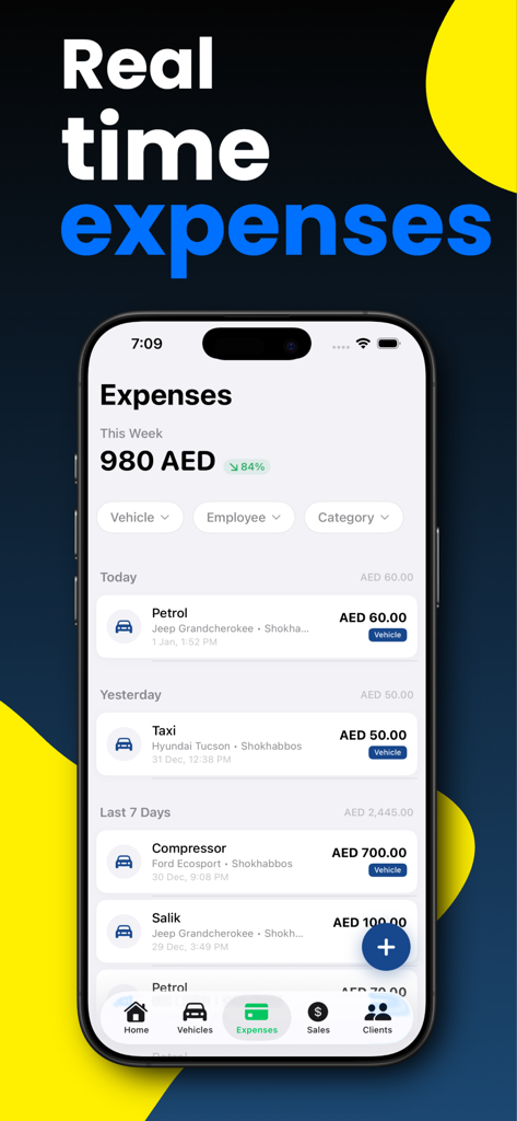 Car Dealer Tracker - Interface de l'application mobile Car Dealer Tracker montrant le suivi des dépenses en temps réel avec les coûts des réparations et de l'entretien des véhicules.