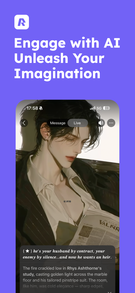 A smartphone screen displaying the Rochat app interface with an AI character roleplay scenario and anime-style artwork.