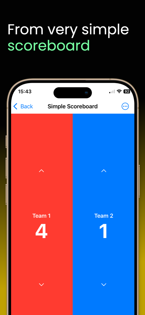 Scoreboard virtual keeper - Mobile interface of the Scoreboard virtual keeper app showing a simple score tracking screen for two teams