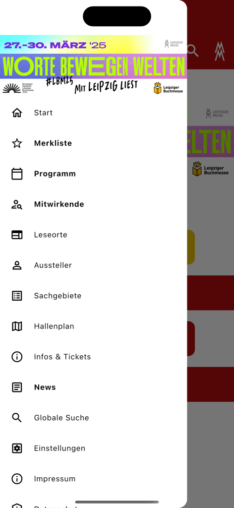 Navigation menu of the Leipziger Buchmesse mobile app showing various event sections in German.