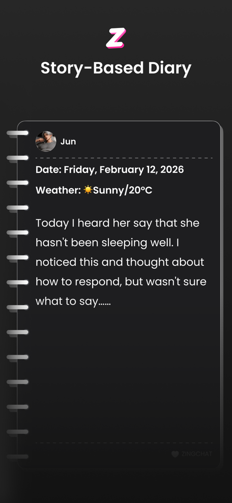 ZingChat: AI Character Chat - A story based diary entry from an AI character named Jun in the ZingChat app