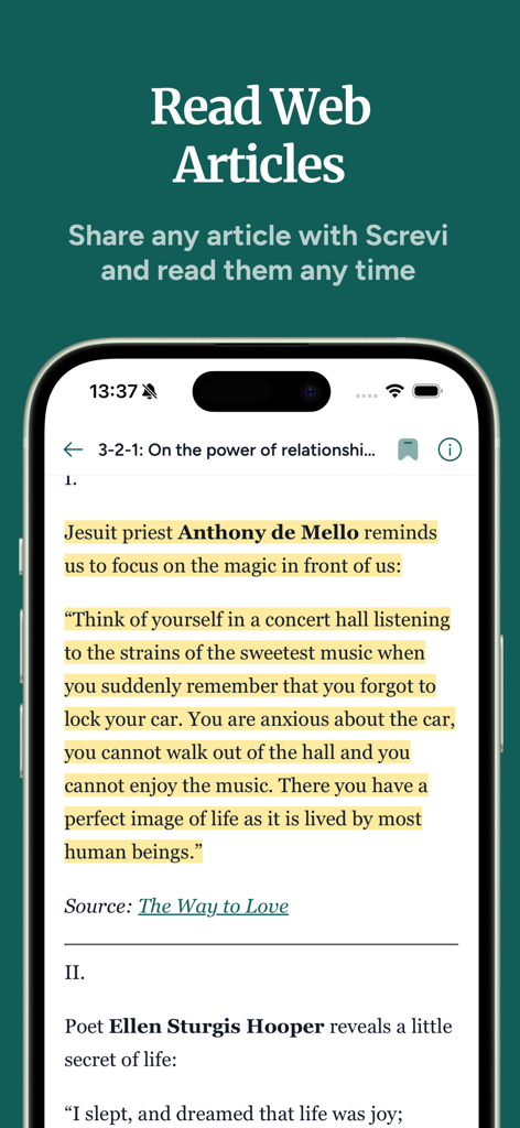 Screvi: Read & Highlight - Screvi mobile app interface showing a highlighted web article with the headline Read Web Articles