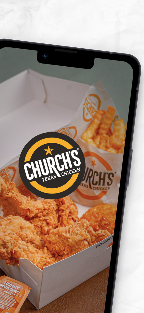 Church's Texas Chicken® - Smartphone screen displaying the Churchs Texas Chicken app with a box of fried chicken and fries