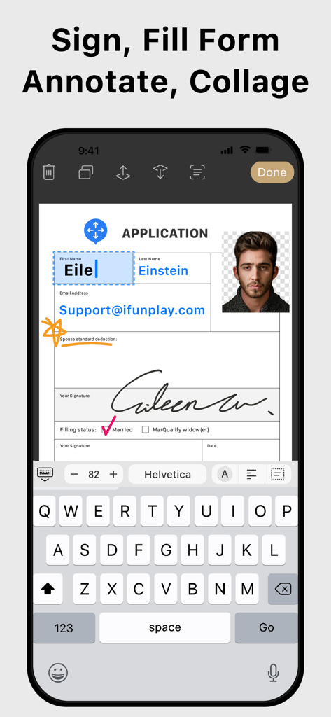 Mobile app interface showing a user filling out an application form with a digital signature and ID photo