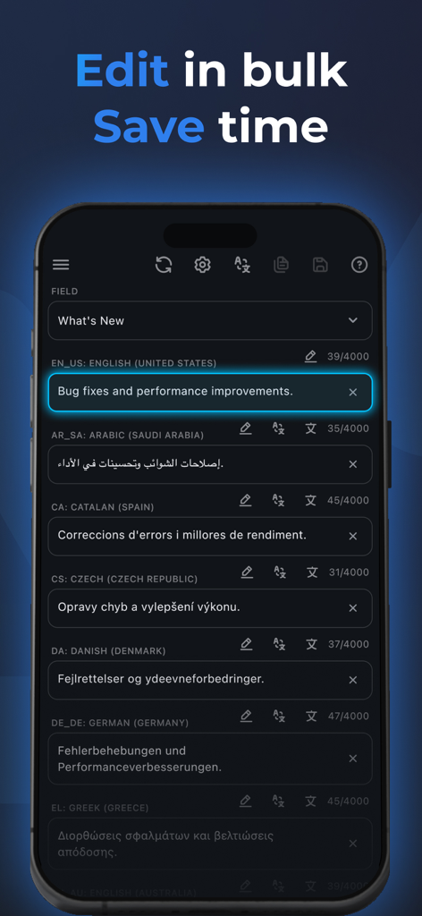 Interfaz del editor masivo de metadatos de la aplicación ASO.dev para gestionar múltiples localizaciones de la App Store en iPhone.