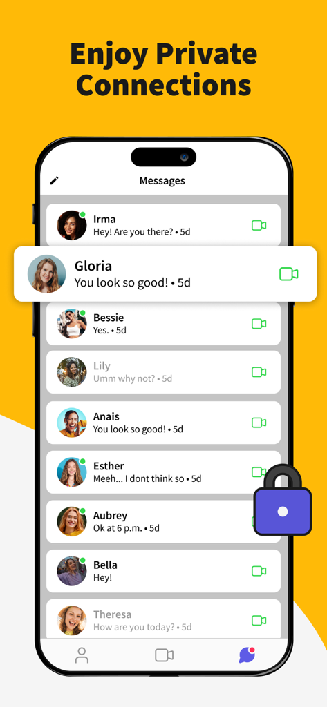 Interface of the Gaze app showing a message list with several contacts and a padlock icon for secure private connections