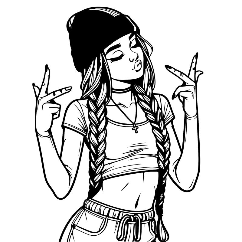 realistic teenage girl with braids and a beanie and crop top doing 🫶🏼
