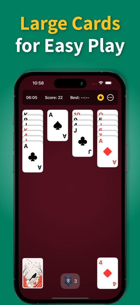 Aces Up Solitaire mobile game interface showing large cards for easy visibility and senior-friendly play