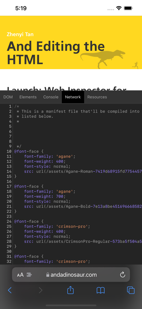 Web Inspector affichant les règles de police CSS dans l'onglet réseau sur un iPhone