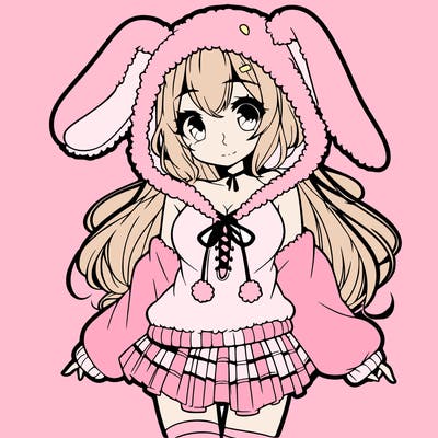 pretty anime girl wearing a fluffy hoodie with bunny ears on the hood and a skirt