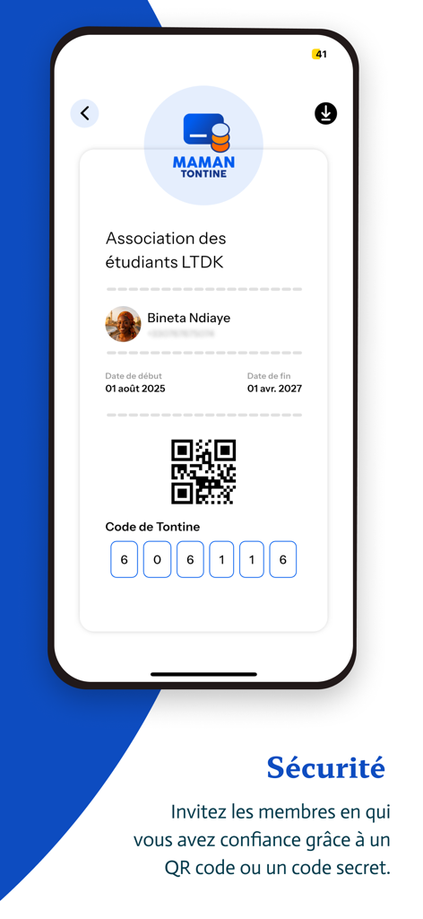 Maman Tontine - Maman Tontine app screen showing security features for inviting members via QR code and a secret numeric code