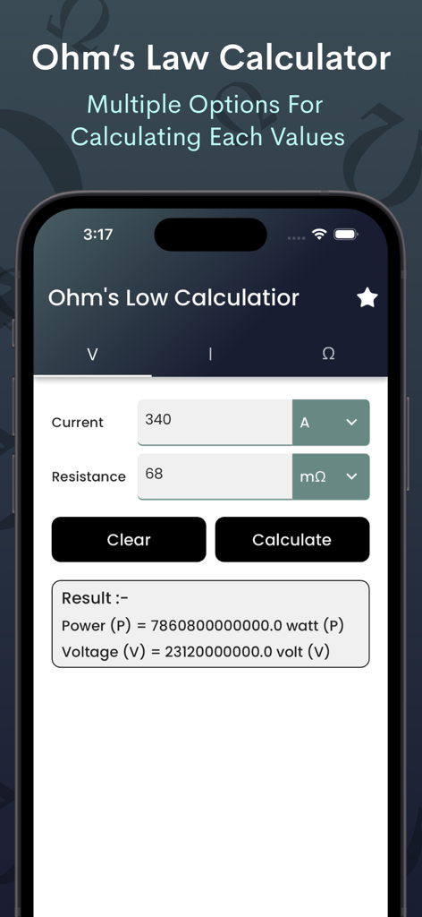 Ohms Law Calculator - voltage - 전류 및 저항 입력을 기반으로 전압 및 전력 결과를 보여주는 옴의 법칙 계산기의 모바일 인터페이스.