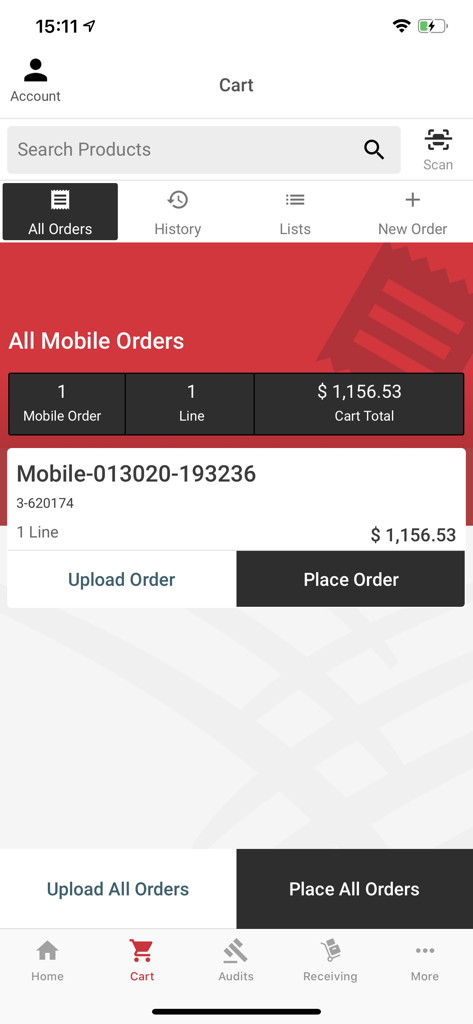 Mobile cart view in the Order Express app showing a mobile order summary and options to place or upload orders
