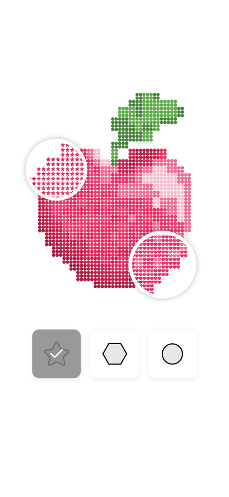 Colors by Number® – No.Draw® - A red pixel art apple being colored with custom shapes in the Colors by Number app.