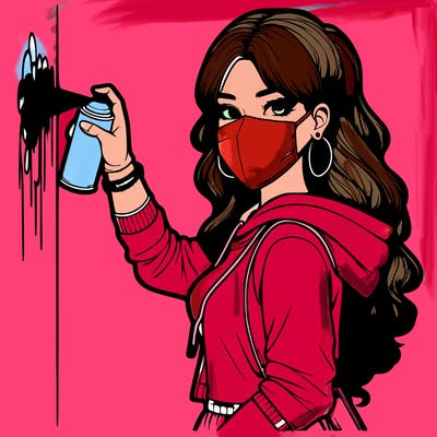 realistic girl with mask spray painting a wall