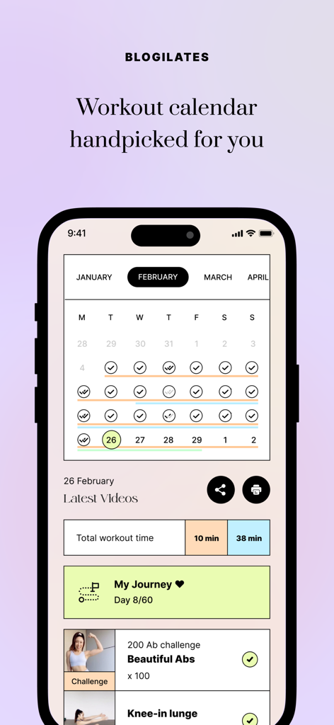 Body by Blogilates - Monthly workout calendar screen in the Body by Blogilates fitness app