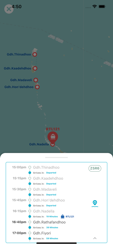 RTL Travel App - Carte de suivi des ferries en temps réel et horaires d'arrivée pour le transport insulaire maldivien