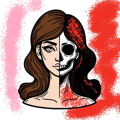 bust of a woman, half face and hair, half skull