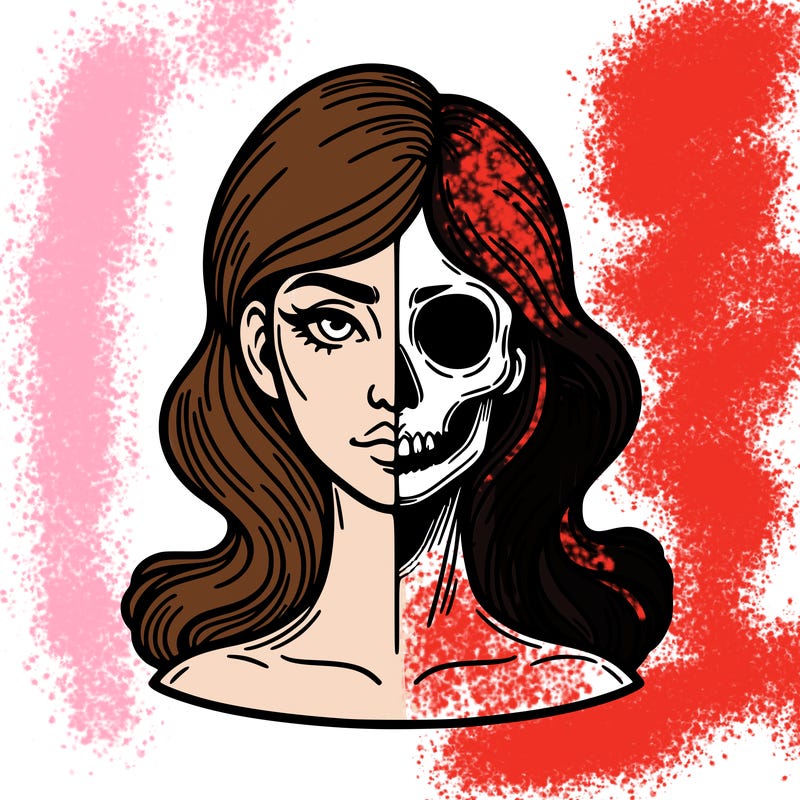 bust of a woman, half face and hair, half skull