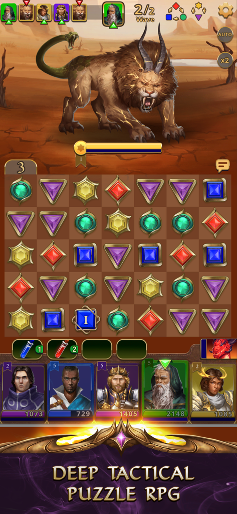 Batalla táctica de puzzle de Match-3 contra un jefe quimera en Gemstone Legends RPG
