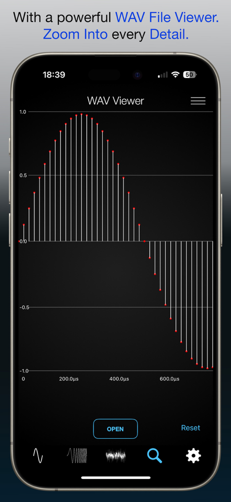 High precision WAV file viewer showing a detailed zoom of an audio waveform on a mobile device.
