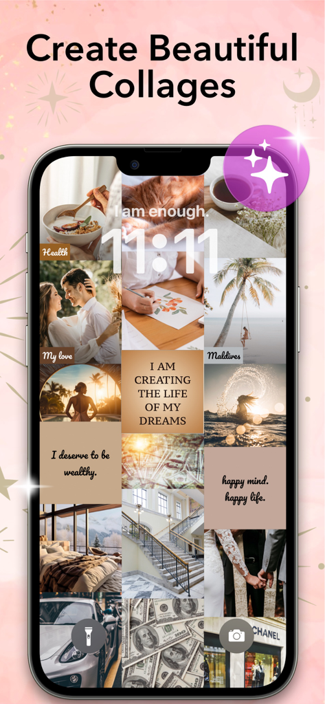 An iPhone lock screen displaying a personalized vision board collage with inspirational images and affirmations