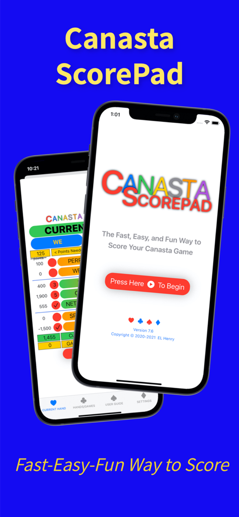 Canasta ScorePad - Two iPhones showing the Canasta ScorePad app start screen and digital scoring sheet