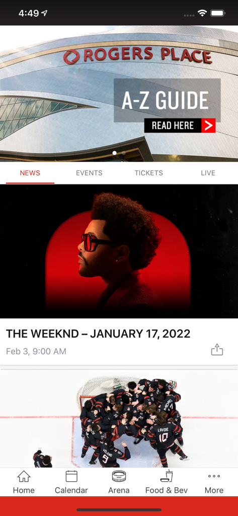 Home screen of the Rogers Place app showing venue news, event tickets, and the A-Z guide.