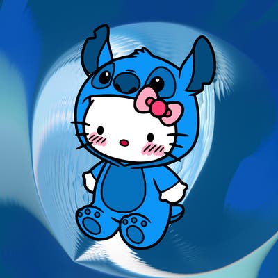 little cute hello kitty, blushing with little stitch costume