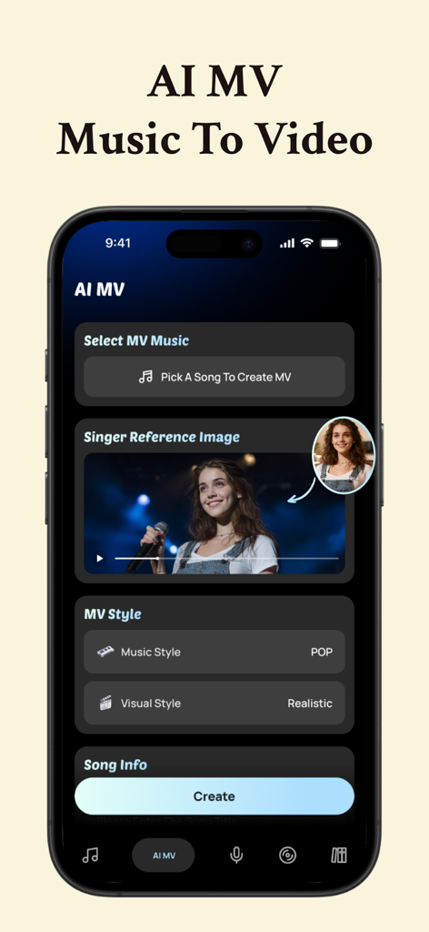 MusicLab: AI Song &Cover Maker - Interface of the MusicLab app showing the AI MV feature to convert music into a music video with customizable styles and singer images.